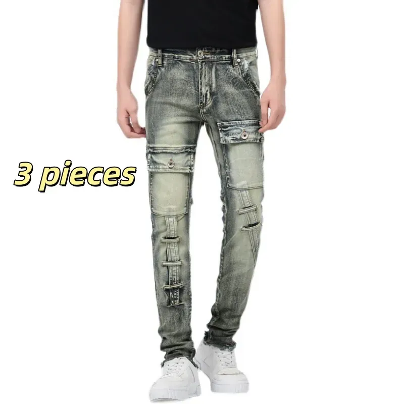 Designer Men's Jeans Multi-pocket Perforated Washable Series High-quality Clearance Products Trendy Brand Slim Fit Small_mkmklike.com