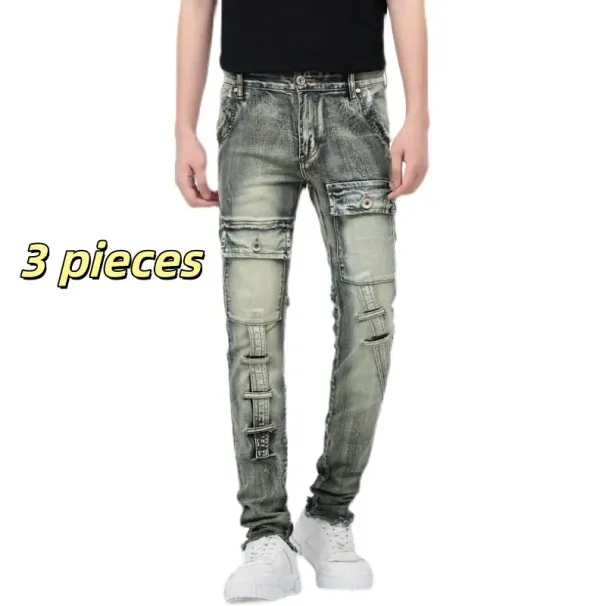 Designer Men's Jeans Multi-pocket Perforated Washable Series High-quality Clearance Products Trendy Brand Slim Fit Small_mkmklike.com
