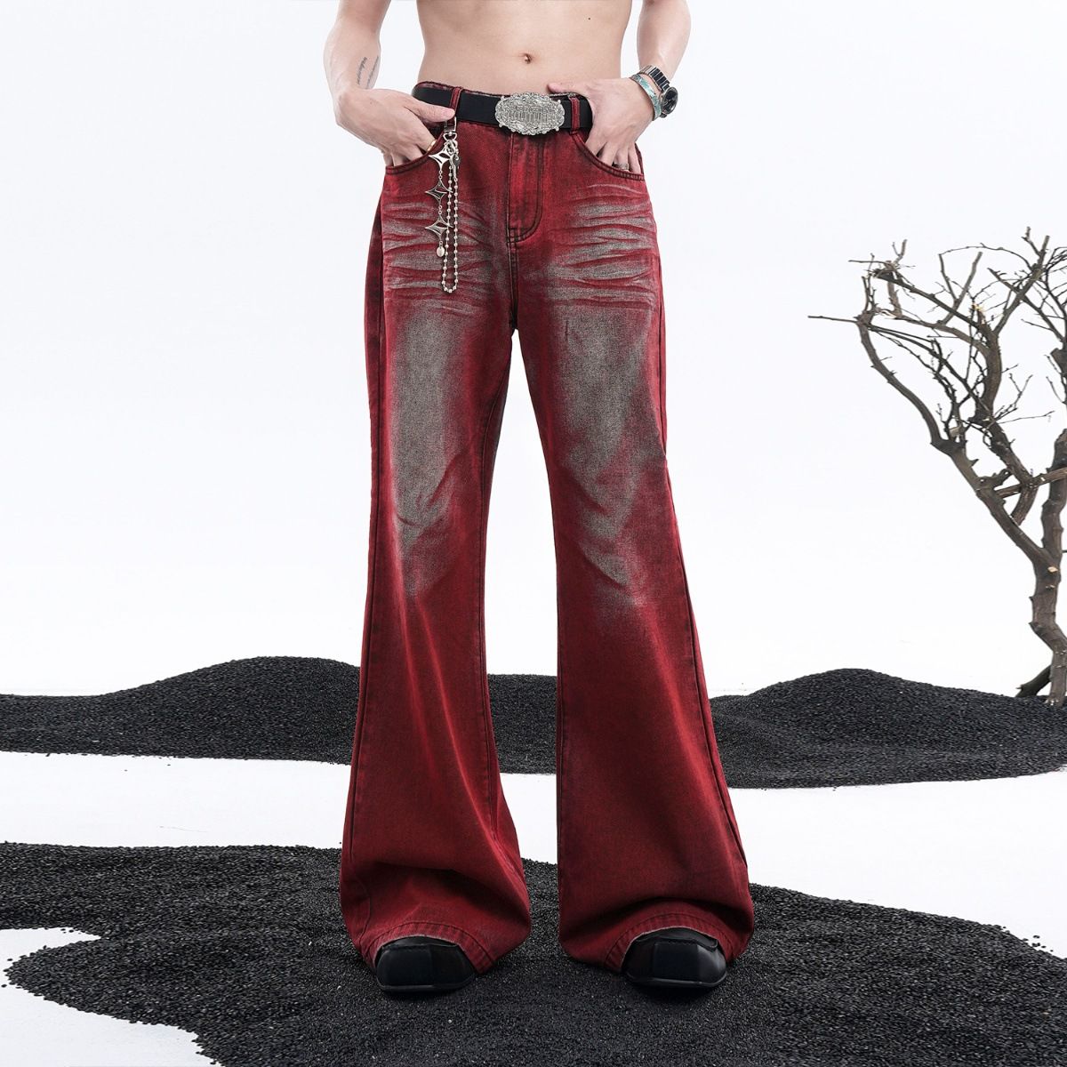 Men's Clothing New Red Flared Floor Length High Street Jeans For Men, Street Class And Niche_mkmklike.com