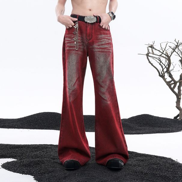 Men's Clothing New Red Flared Floor Length High Street Jeans For Men, Street Class And Niche_mkmklike.com