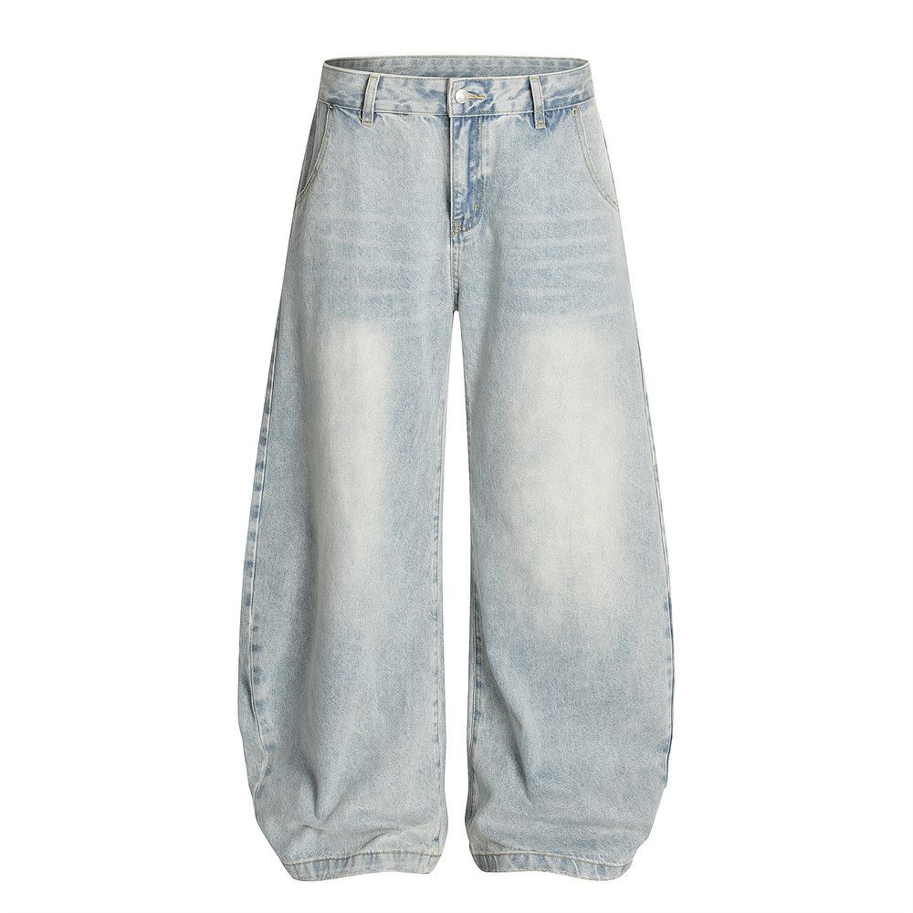 Punk Heavy Washed Denim Scimitar Men's Street Fashion Loose Wide-Leg Long Curved Casual Versatile Dad Pants_mkmklike.com