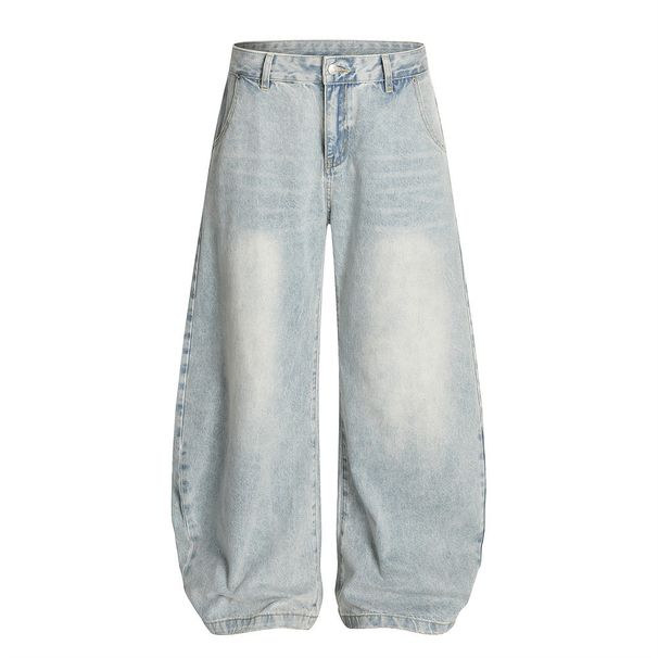 Punk Heavy Washed Denim Scimitar Men's Street Fashion Loose Wide-Leg Long Curved Casual Versatile Dad Pants_mkmklike.com