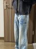 Washed Blue Straight Jeans For Men, Spring And Autumn American High Street Vibe , Clean Fit Curved Hem Flared Long_mkmklike.com