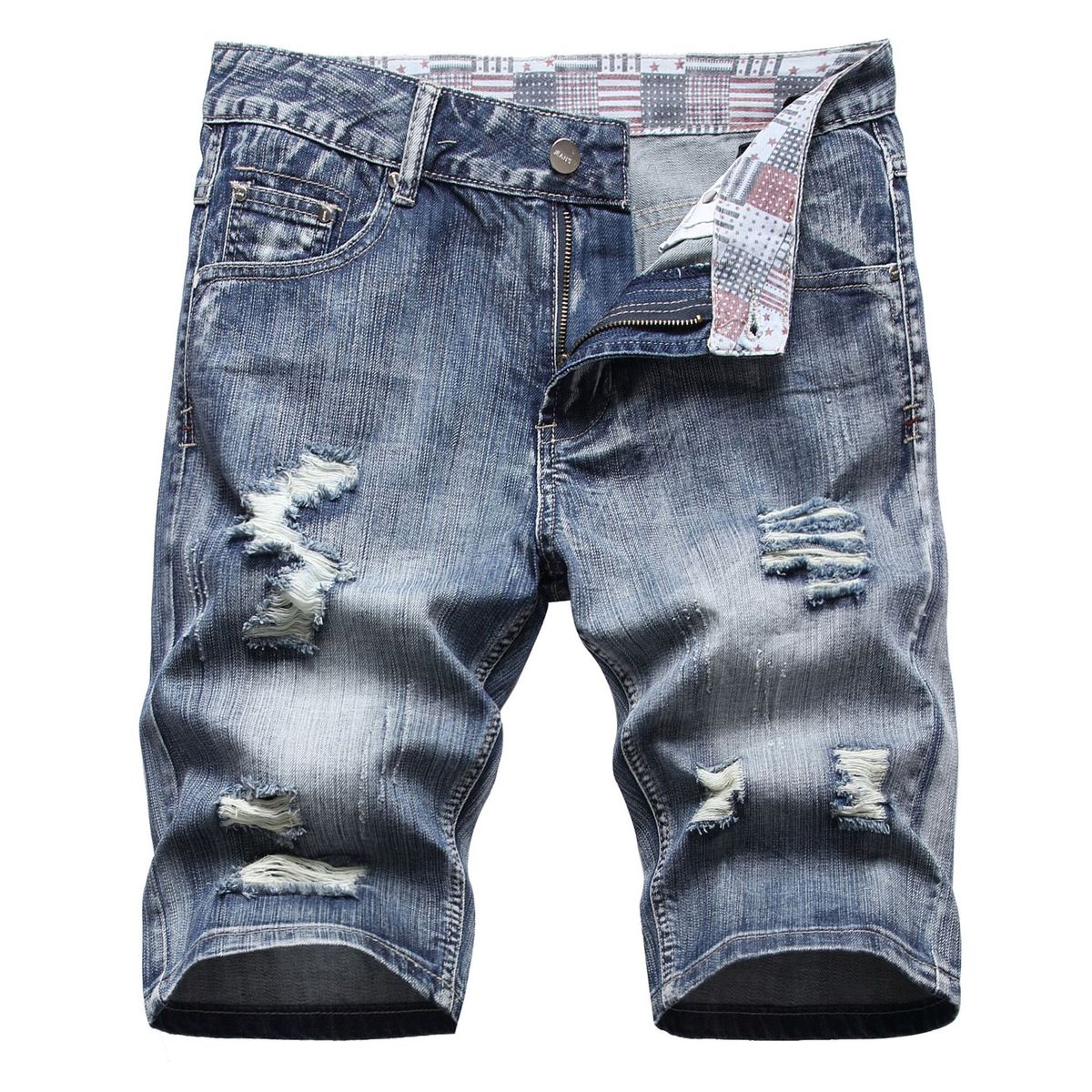 Men's Distressed Print Denim Shorts - Korean Street Style Washed Loose Fit Summer Casual Short Pants With Artistic Graphics_mkmklike.com