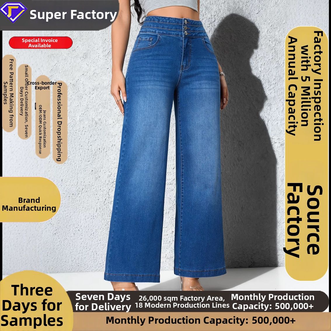 Custom Made Women's Wide Leg Pants Loose Stretch Denim Straight Leg Slimming Butt Lifting European American Style Ready to Ship_mkmklike.com