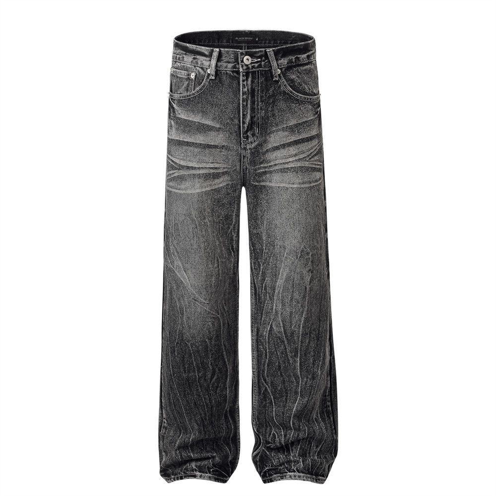 American Style Water Ripple Straight-Leg Jeans Men's High Street Trendy Vibe Washed Vintage Loose Wide-Leg Pants_mkmklike.com