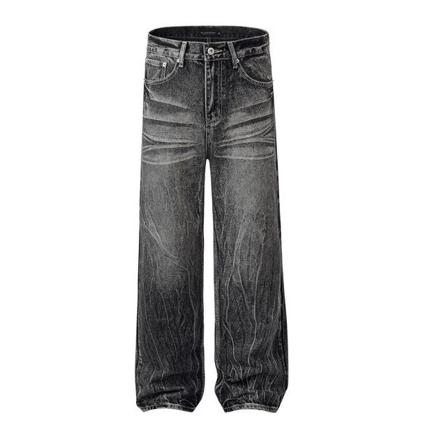 American Style Water Ripple Straight-Leg Jeans Men's High Street Trendy Vibe Washed Vintage Loose Wide-Leg Pants_mkmklike.com