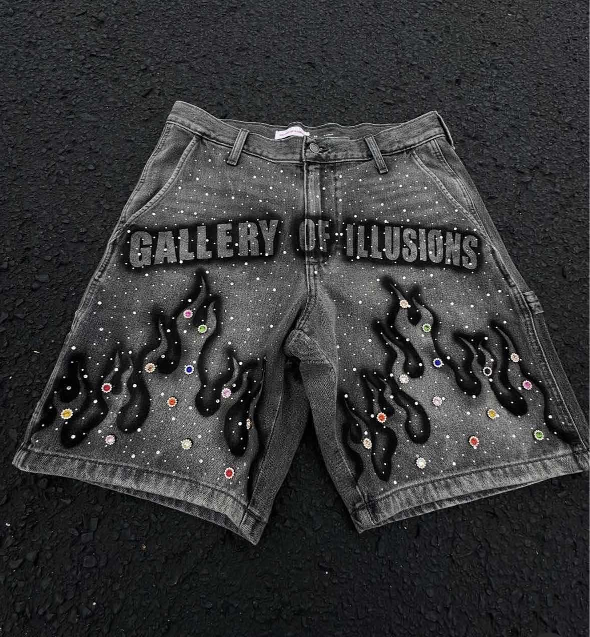 Men's Summer Cross Border High Street Printed Rhinestone Denim Shorts Loose Five Point American Foreign Trade_mkmklike.com