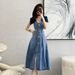 Yujie Fan's Contrasting Color Big Lapel Waist A-Line 2025 Slimming Early Autumn Dress With Slit Dim Long Skirt For_mkmklike.com
