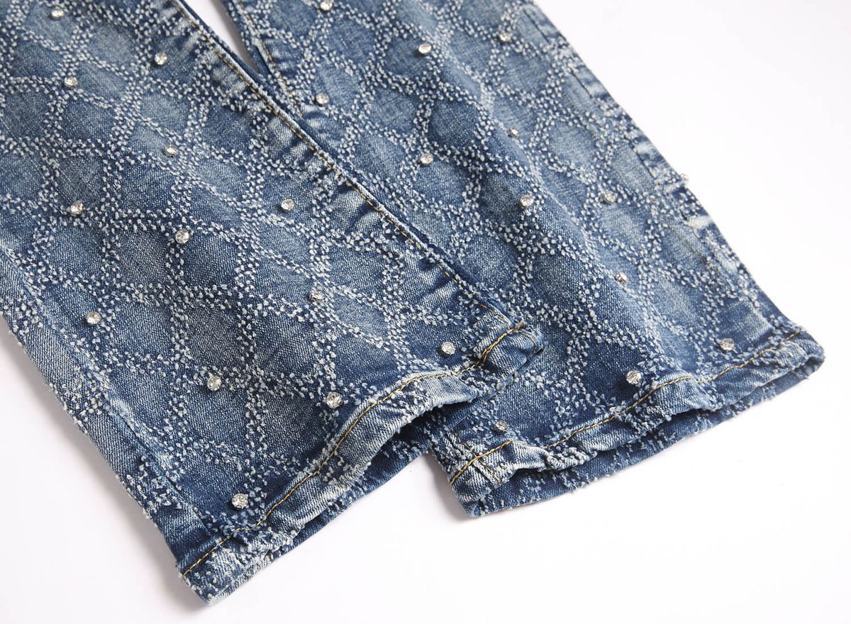 Men's Clothing Stretch Slim Fit Jeans For Men Blue High Street Style Studded Embroidered Design For Nightclub Youth 3986_mkmklike.com