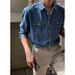 Men's Clothing Washed Distressed Denim Loose Long Sleeved Work Shirt_mkmklike.com