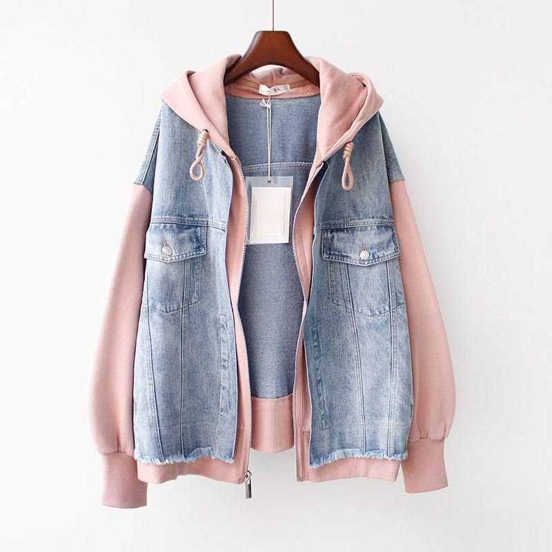 Chicco Plus Size 150kg Two-Piece Denim Women's Slimming Spring Autumn Shirt Hooded Baseball Jacket Top Ins_mkmklike.com