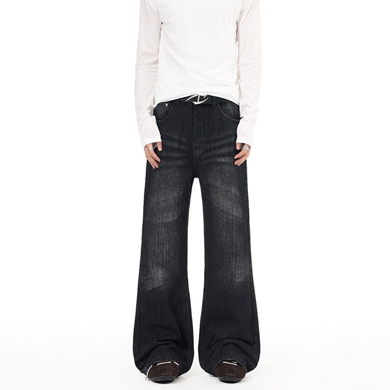 Unisex High Street Washed Denim Jeans 90s Vintage Cat Whisker Flared Hem Slim Fit Straight to Flare for Men And Women S-2XL_mkmklike.com