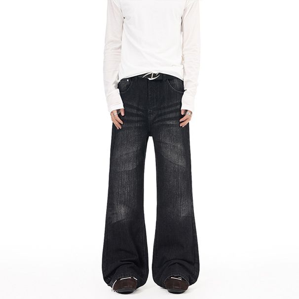 Unisex High Street Washed Denim Jeans 90s Vintage Cat Whisker Flared Hem Slim Fit Straight to Flare for Men And Women S-2XL_mkmklike.com