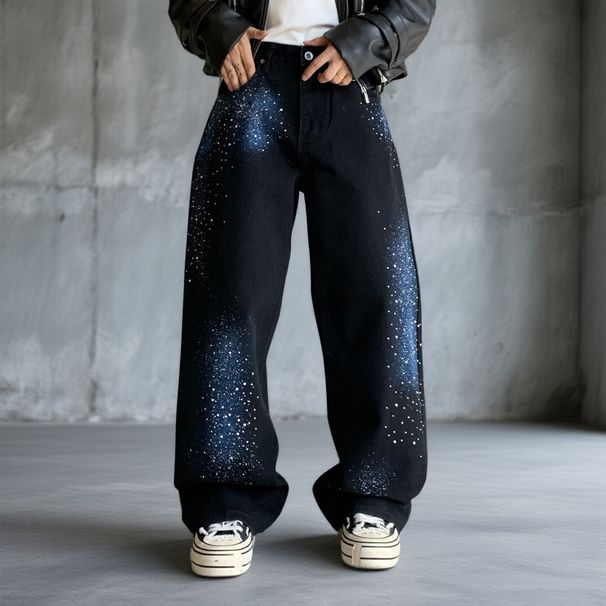Men's Clothing Men's Galaxy Black Graffiti Jeans – Oversized Straight-Leg Denim Pants With Hand-Painted Street Art (S-3XL, Low-Rise, No Stretch)_mkmklike.com