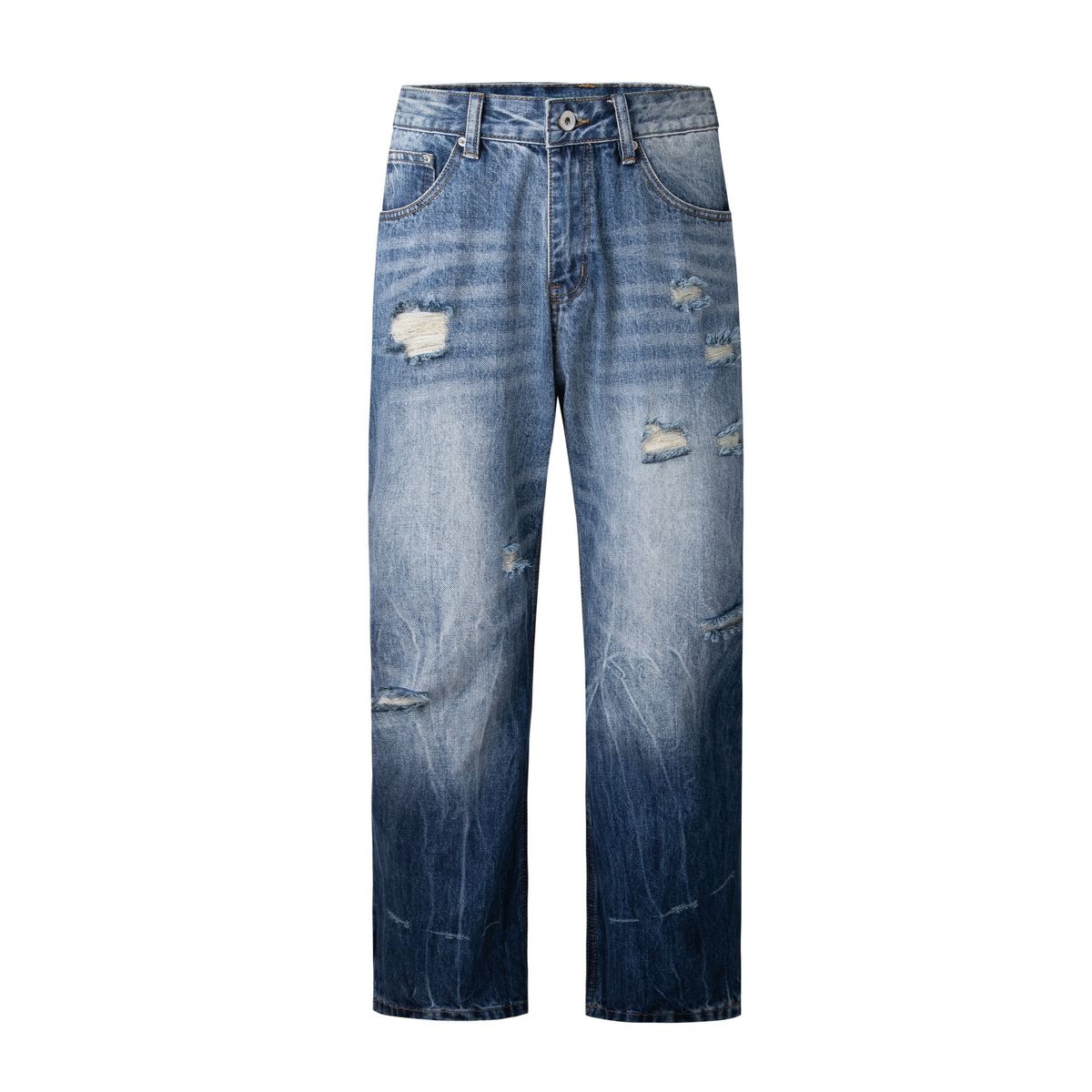 Men’s Slim-Fit Flared Jeans – Vintage Blue Distressed Denim Pants (90.6% Cotton, Size 28-36), High-Street Fashion With Strategic Rips_mkmklike.com