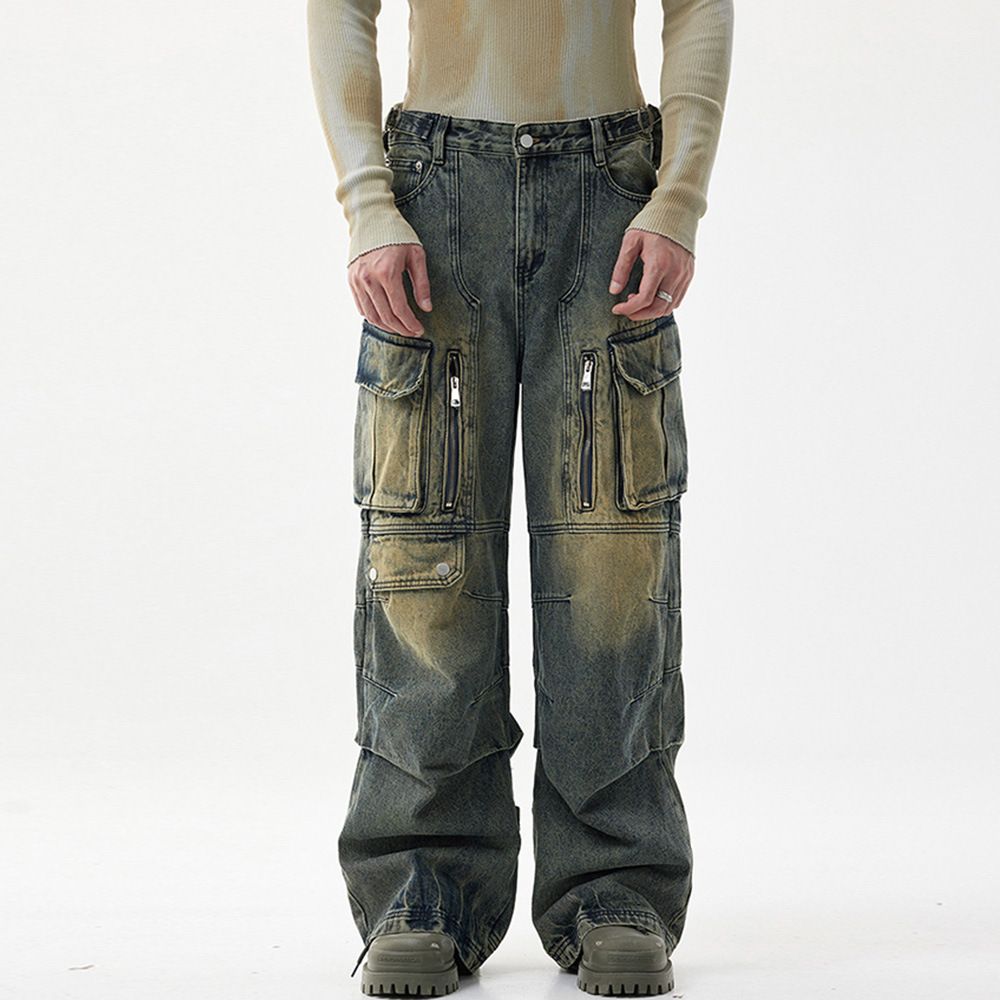 Workwear Style Multi-Pocket Wide-Leg Jeans For Men American High Street Loose Straight Functional Design Long Pants_mkmklike.com