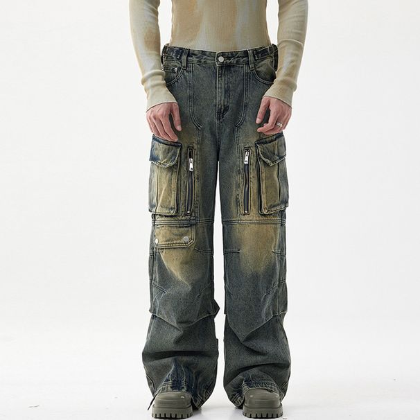 Workwear Style Multi-Pocket Wide-Leg Jeans For Men American High Street Loose Straight Functional Design Long Pants_mkmklike.com