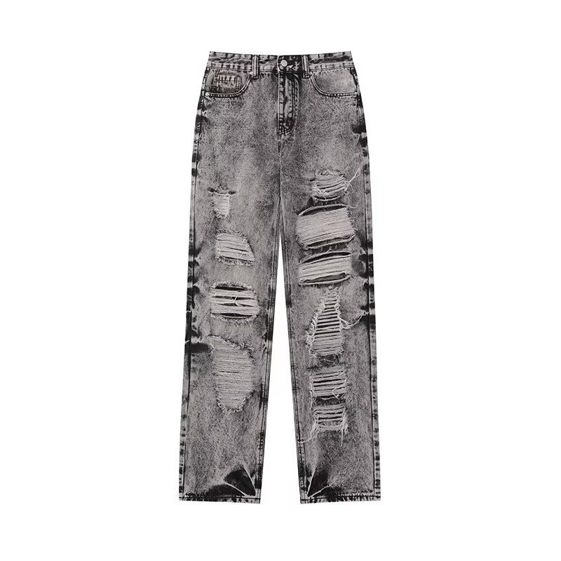 Black Gray Washed Slim Straight Frayed Ripped Jeans Men's Trendy Loose Pants American High Street Ins_mkmklike.com