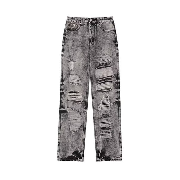 Black Gray Washed Slim Straight Frayed Ripped Jeans Men's Trendy Loose Pants American High Street Ins_mkmklike.com