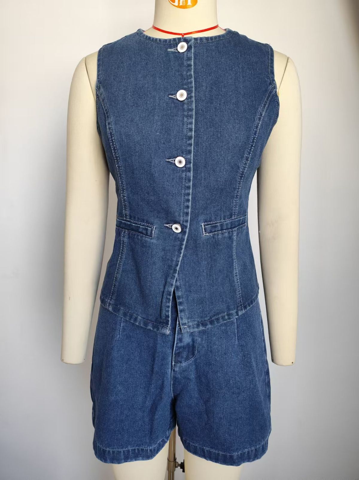 K Women's New Sleeveless Casual Denim Shorts Set_mkmklike.com