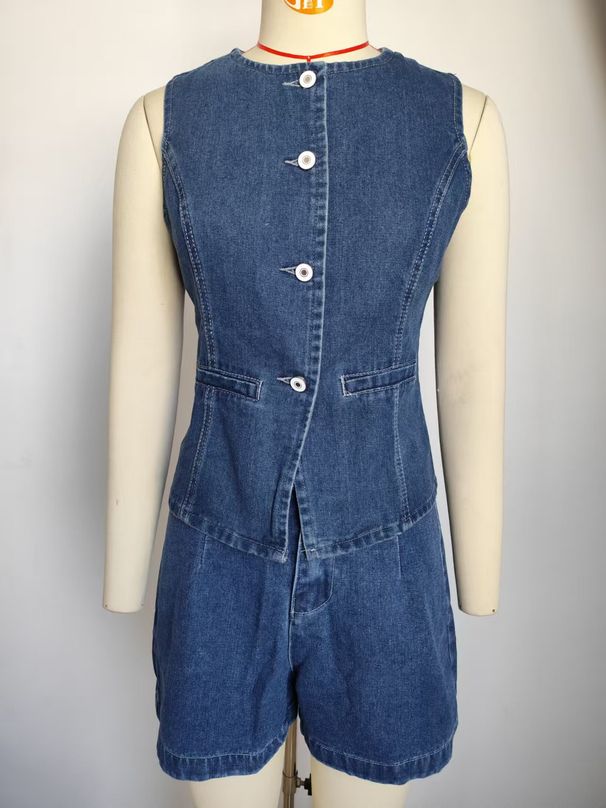 K Women's New Sleeveless Casual Denim Shorts Set_mkmklike.com
