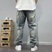 Washed Distressed Men's Trendy Patchwork High-End Embroidery Print Loose Tapered Straight Jeans_mkmklike.com