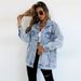 Distressed Denim Jacket Women's Oversized Streetwear Coat With Unique Ripped Design, Casual Loose Fit, Long Sleeve, Blue_mkmklike.com