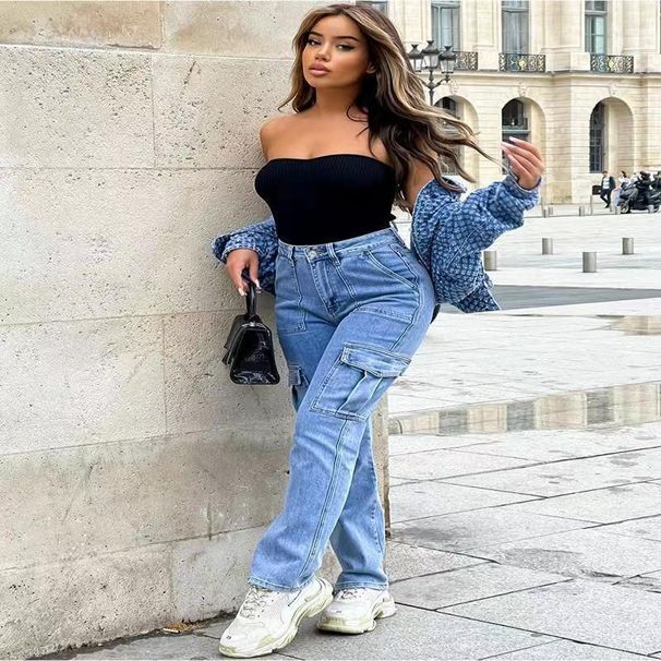 Women's Wide Leg Casual Jeans Multi Pocket Workwear European American Style Spring Autumn Hot Selling_mkmklike.com