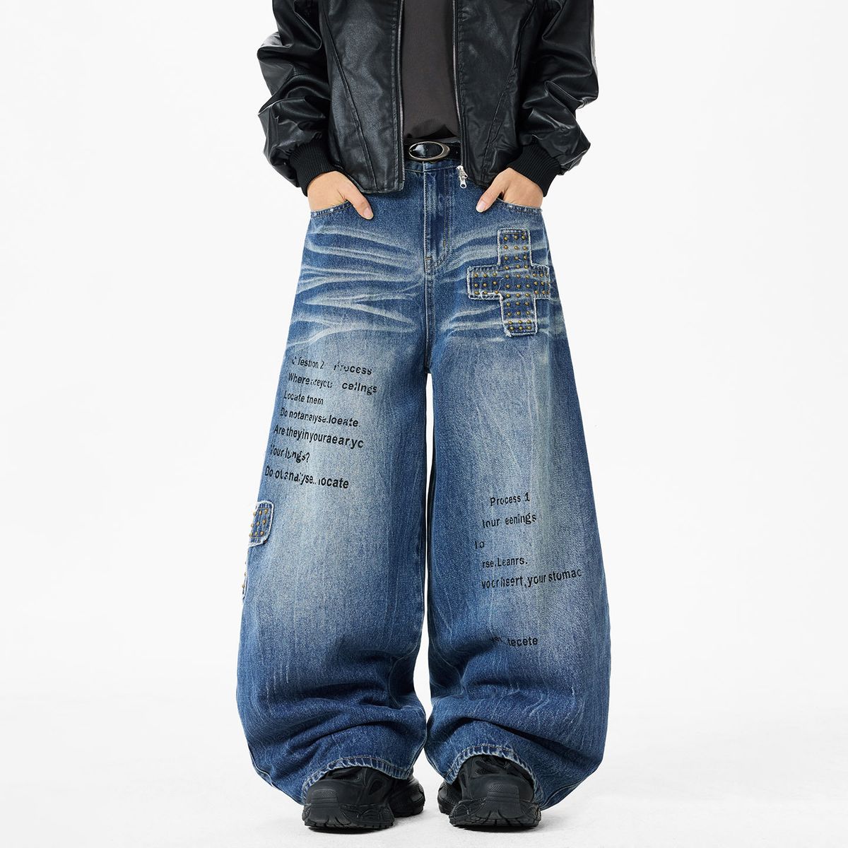 Men's Heavy Duty Studded Patch Curved Blade Jeans Loose Wide Leg Pants New Autumn Style American High Street Fashion_mkmklike.com