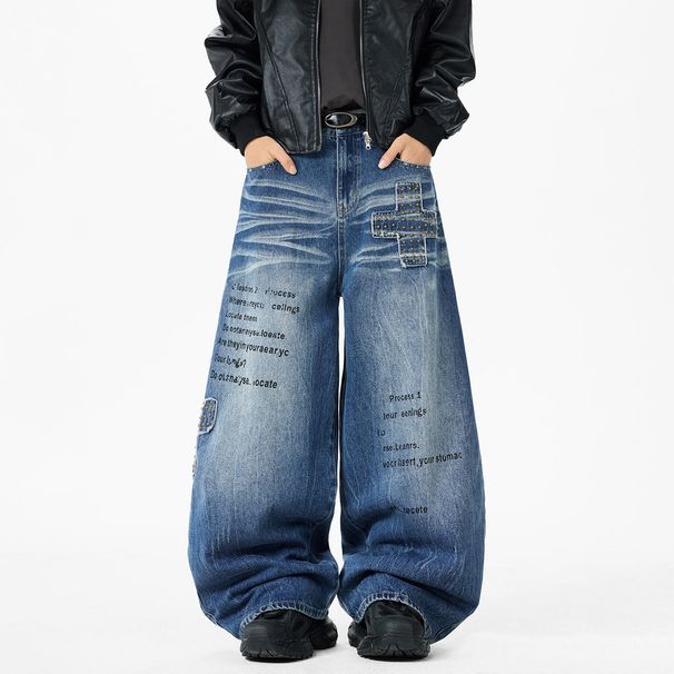 Men's Heavy Duty Studded Patch Curved Blade Jeans Loose Wide Leg Pants New Autumn Style American High Street Fashion_mkmklike.com
