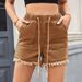 Women's Clothing New Elastic Waist Drawstring Casual High Waist Raw Edge Denim Shorts For Women_mkmklike.com