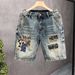 Men's Distressed Embroidered Denim Shorts Vintage Washed Casual 5-Inch Inseam Summer Shorts with Patchwork Details_mkmklike.com