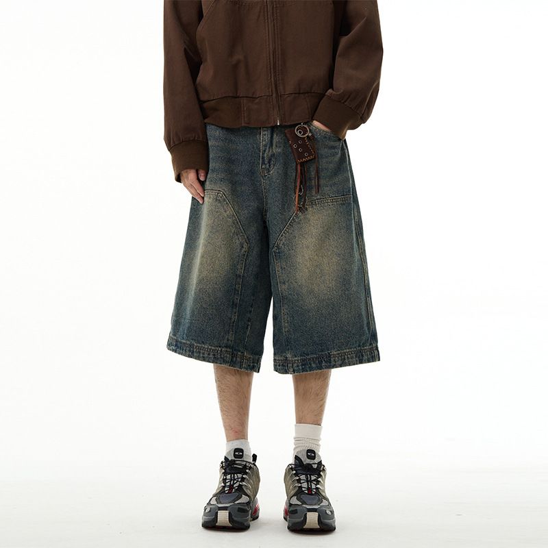 Denim Shorts Men's Retro Pants Logging Wide Leg Shorts Six Point Pants Couple Summer_mkmklike.com