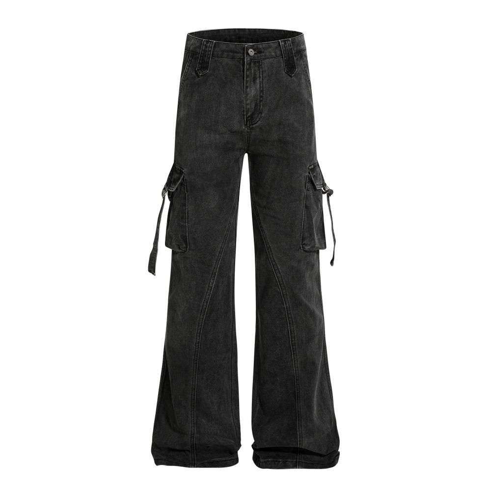 Vibe Style Niche Workwear Denim Flared Pants Men's Hippie Trend Ribbon Design Vintage Wide-Leg Trousers_mkmklike.com