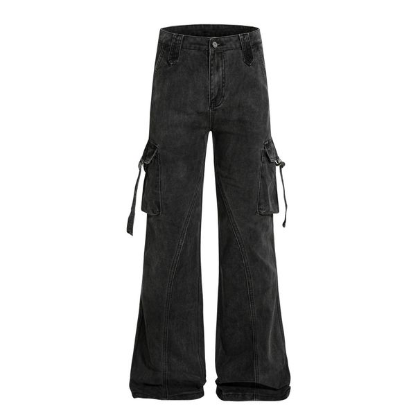 Vibe Style Niche Workwear Denim Flared Pants Men's Hippie Trend Ribbon Design Vintage Wide-Leg Trousers_mkmklike.com