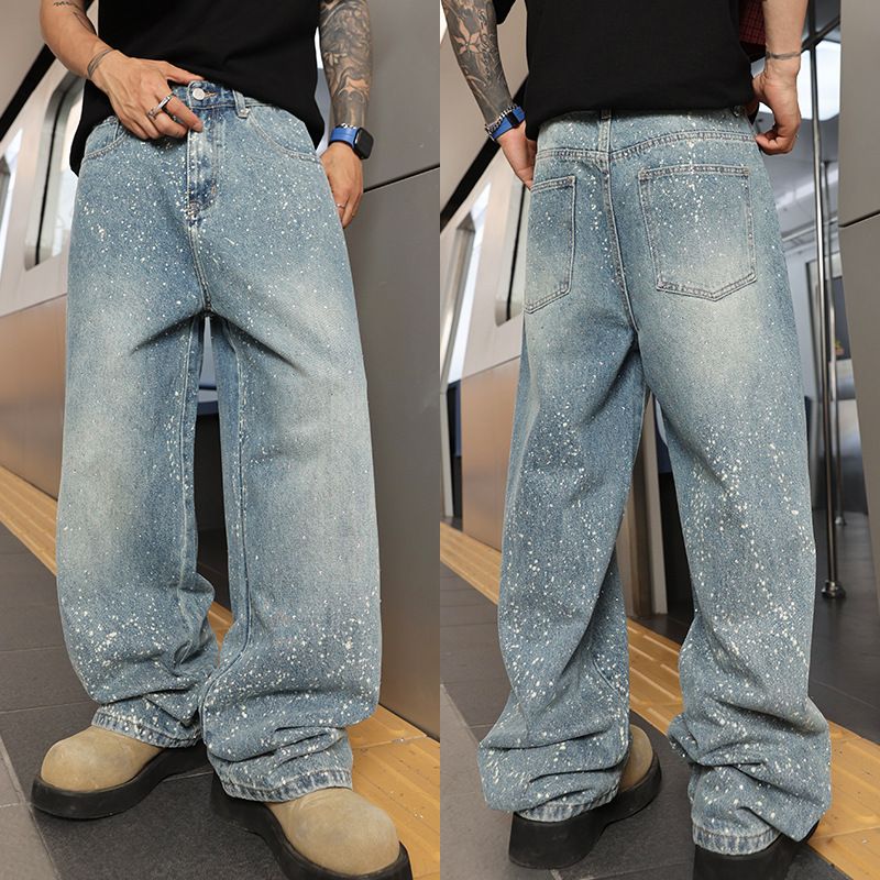 Men's Distressed Rhinestone Jeans Premium High-Street Baggy Straight-Leg Vintage Wash Stretch Comfort Streetwear Essential_mkmklike.com