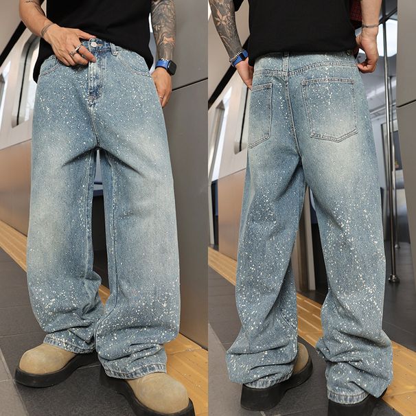 Men's Distressed Rhinestone Jeans Premium High-Street Baggy Straight-Leg Vintage Wash Stretch Comfort Streetwear Essential_mkmklike.com