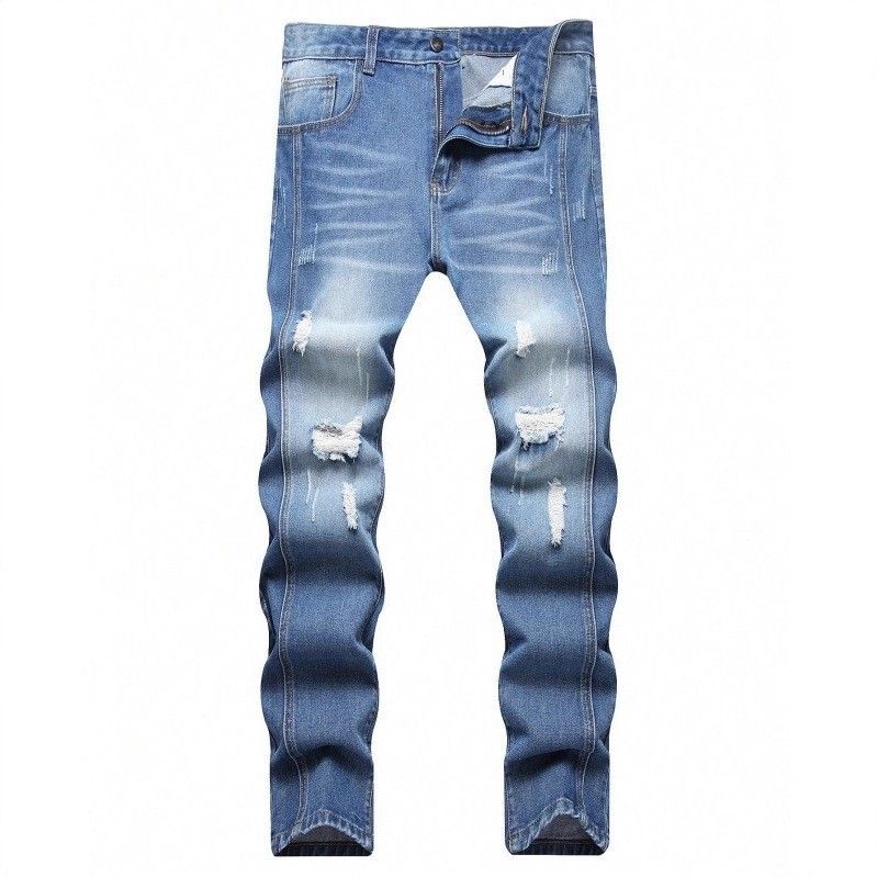 Men's Straight Leg Distressed Jeans - High Street Blue Denim Pants For Teen & Streetwear Fashion_mkmklike.com
