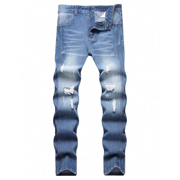 Men's Straight Leg Distressed Jeans - High Street Blue Denim Pants For Teen & Streetwear Fashion_mkmklike.com