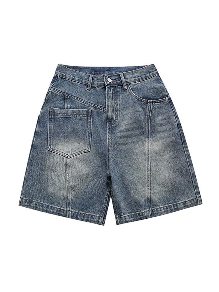Men's Distressed Denim Shorts Front And Back Patchwork Retro Style Wide Leg Loose Casual Straight Leg Five Point Pants_mkmklike.com
