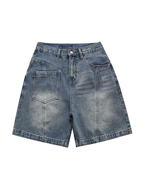 Men's Distressed Denim Shorts Front And Back Patchwork Retro Style Wide Leg Loose Casual Straight Leg Five Point Pants_mkmklike.com