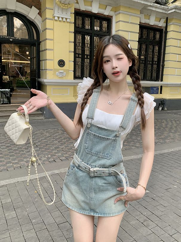 ELLE Sweet And Spicy Style Strap Denim For Women, Summer New High Waist Slimming Age-Reducing Light Blue A-Line Bodycon Short_mkmklike.com