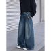 Men's Retro Blue Belted Jeans - Loose Straight Leg Denim Pants For Autumn & Winter, High Street Wide Leg Style_mkmklike.com