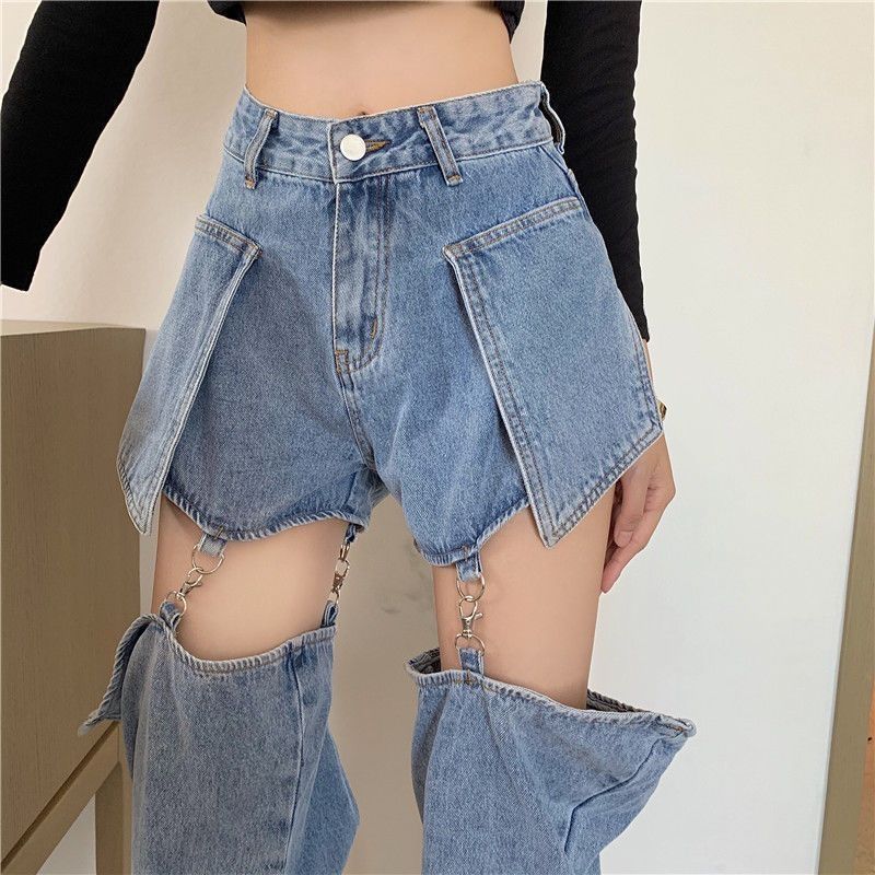 Hot Girl High Street Fashion Outfit: Retro Loose Slim-fit Detachable Patchwork Jeans, Stylish Long Pants For Clubbing,_mkmklike.com