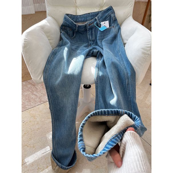 Women's High-Waisted Flannel-Lined Jeans – Winter Warm Straight-Leg Denim Pants With Vintage Wash (Blue, S-Xxl)_mkmklike.com