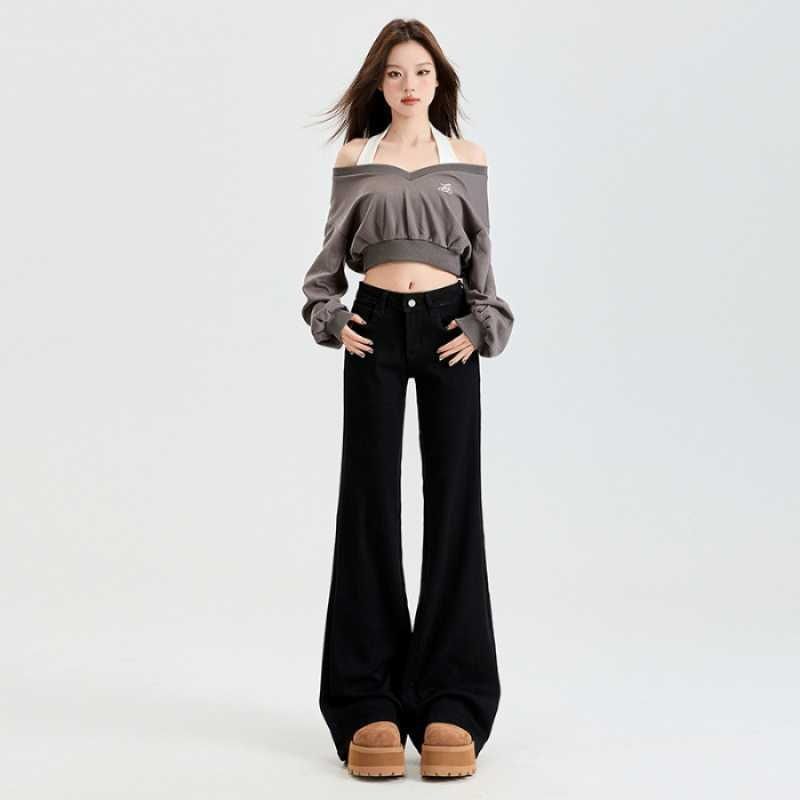 Light Blue Flared Jeans For Women, Low-waisted Slimming Floor-length Pants, Black And White Wholesale_mkmklike.com
