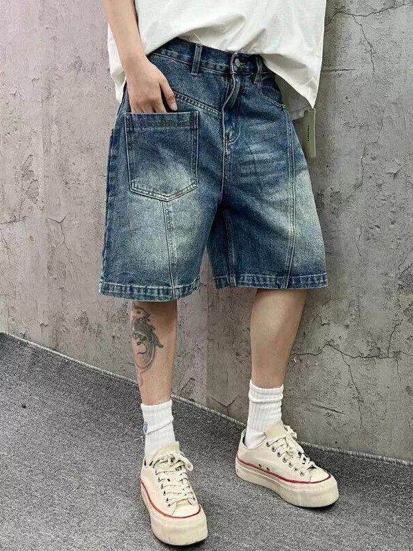 Men's Straight Leg Washed Blue Denim Shorts Retro Pocket Thick Casual Trendy Five Point Pants_mkmklike.com
