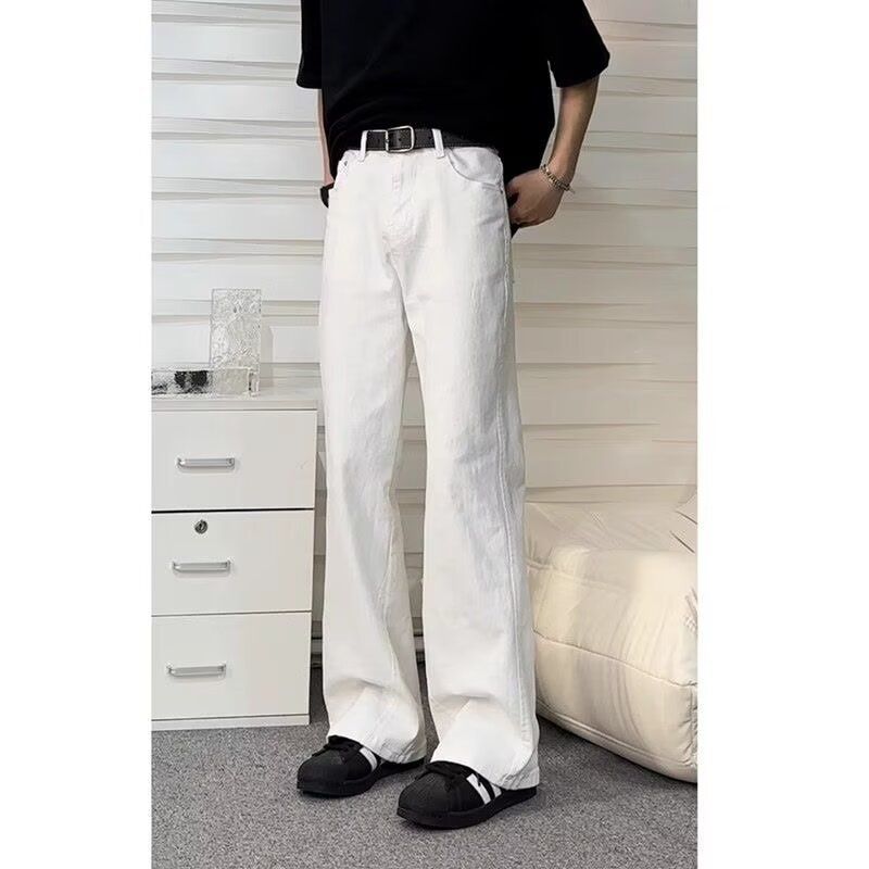 BOY White Simple Jeans Men, Trendy Loose Fit Flared Pants, American Retro Style, Versatile Straight-Leg Casual Pants For Men_mkmklike.com